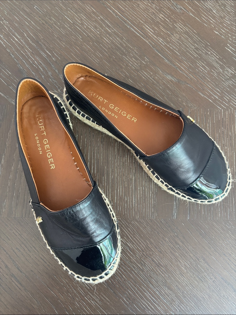 Kurt Geiger Black Leather and Patent Espadrille Flats